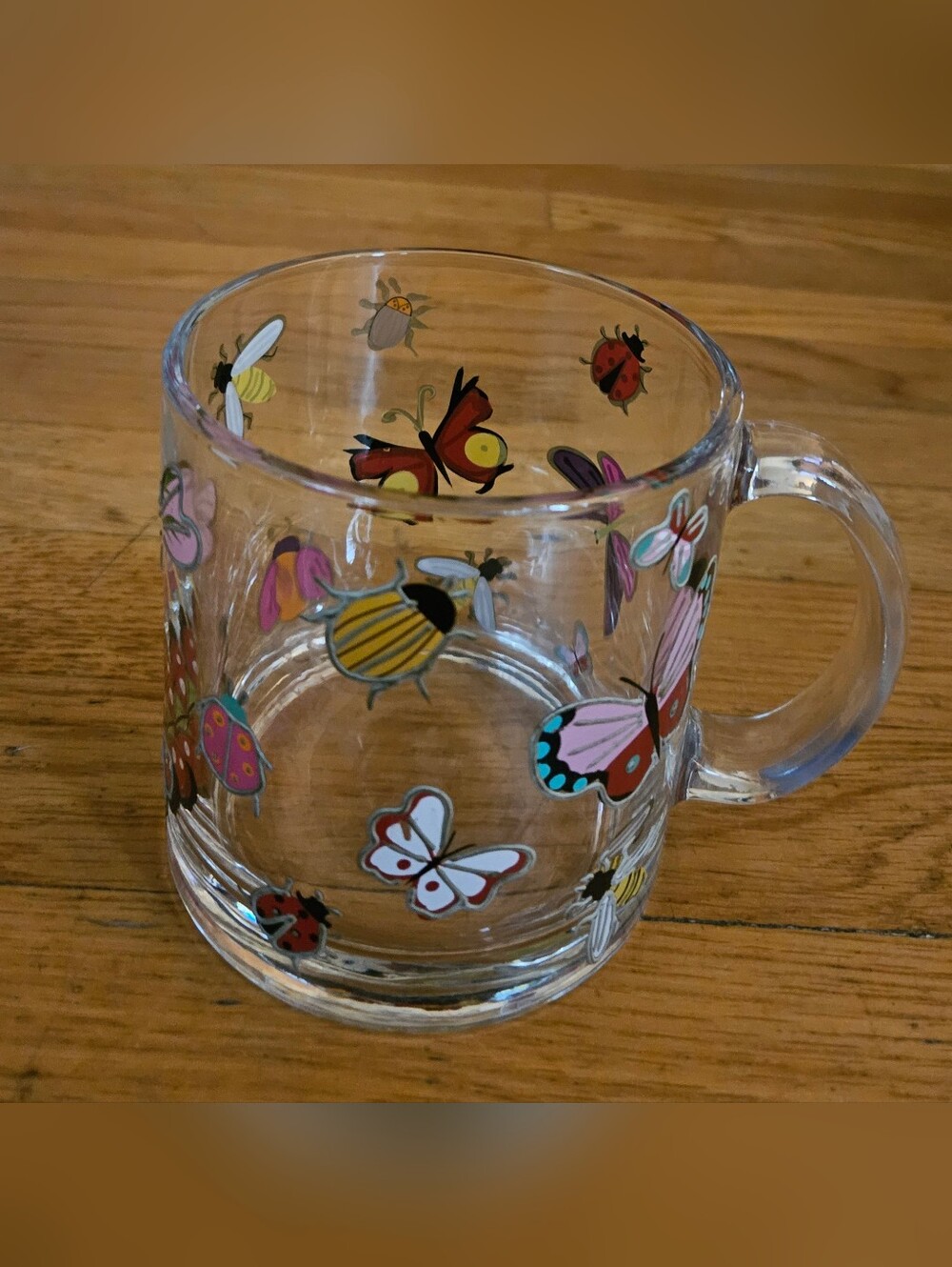 *Glass Mug Large, Hand Painted with Cheery Spring Bugs